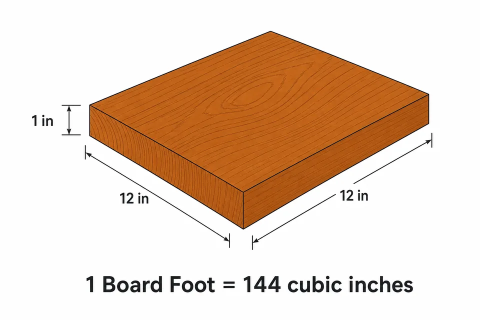 Board foot diagram showing a 12 inch by 12 inch by 1 inch board equals one board foot, 144 cubic inches