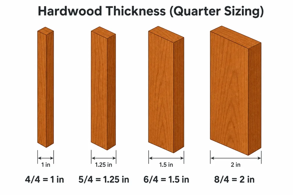 Hardwood quarter thickness chart showing 4/4 at 1 inch, 5/4 at 1.25 inches, 6/4 at 1.5 inches, and 8/4 at 2 inches